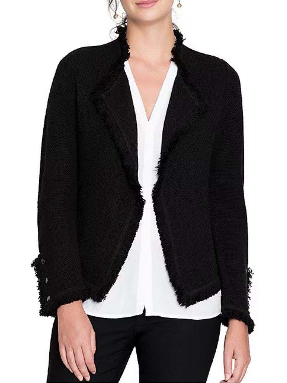 NIC+ZOE Black Fringed Open-Front Blazer